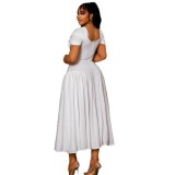 Elegant women's solid color pleated A-line V-neck short-sleeved low back long dress formal party dress