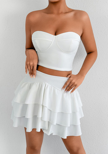 Sexy Strapless top Ruffled Cascading Short Skirt Two-Piece set