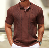 Men’s Polo Shirt Summer Solid Color Short-Sleeve Ribbed Knit Pullover Top