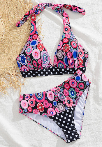 Printed sexy halter neck low back bikini two pieces women's high waist swimsuit