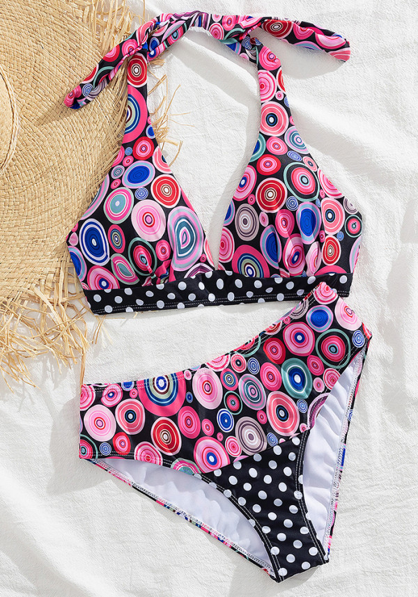 Printed sexy halter neck low back bikini two pieces women's high waist swimsuit