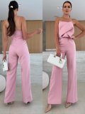 Solid Color Tight Fitting Strapless Low Back High Waist Wide Leg Jumpsuit