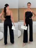 Solid Color Tight Fitting Strapless Low Back High Waist Wide Leg Jumpsuit