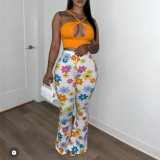 Flower print tight fitting bell bottom pants