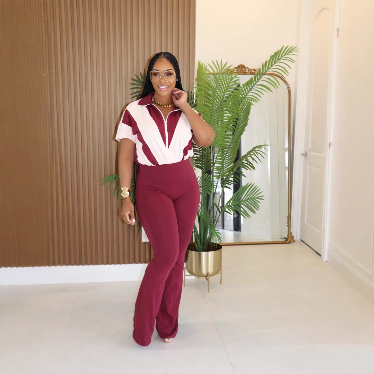 Women's turndown collar zipper patchwork bell bottom Jumpsuit