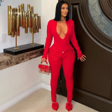 Sexy solid color long sleeves V-neck beaded jumpsuit