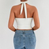 Women’s Sexy V-neck Halter Neck Low Back Crop Top