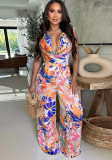 Fashionable women's sleeveless print wide leg jumpsuit