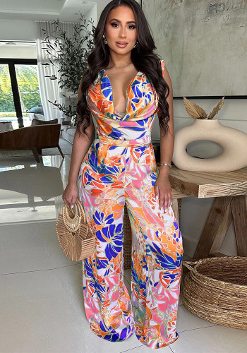 Fashionable women's sleeveless print wide leg jumpsuit