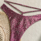 Shiny sexy leopard print drawstring two pieces swimsuit