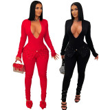 Sexy solid color long sleeves V-neck beaded jumpsuit