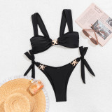 women solid color wide straps sexy bikini two pieces swimsuit