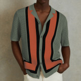 Men’s Striped Color Block Turn-Down Collar Short Sleeves Knitted Polo Shirt