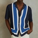 Men’s Striped Color Block Turn-Down Collar Short Sleeves Knitted Polo Shirt