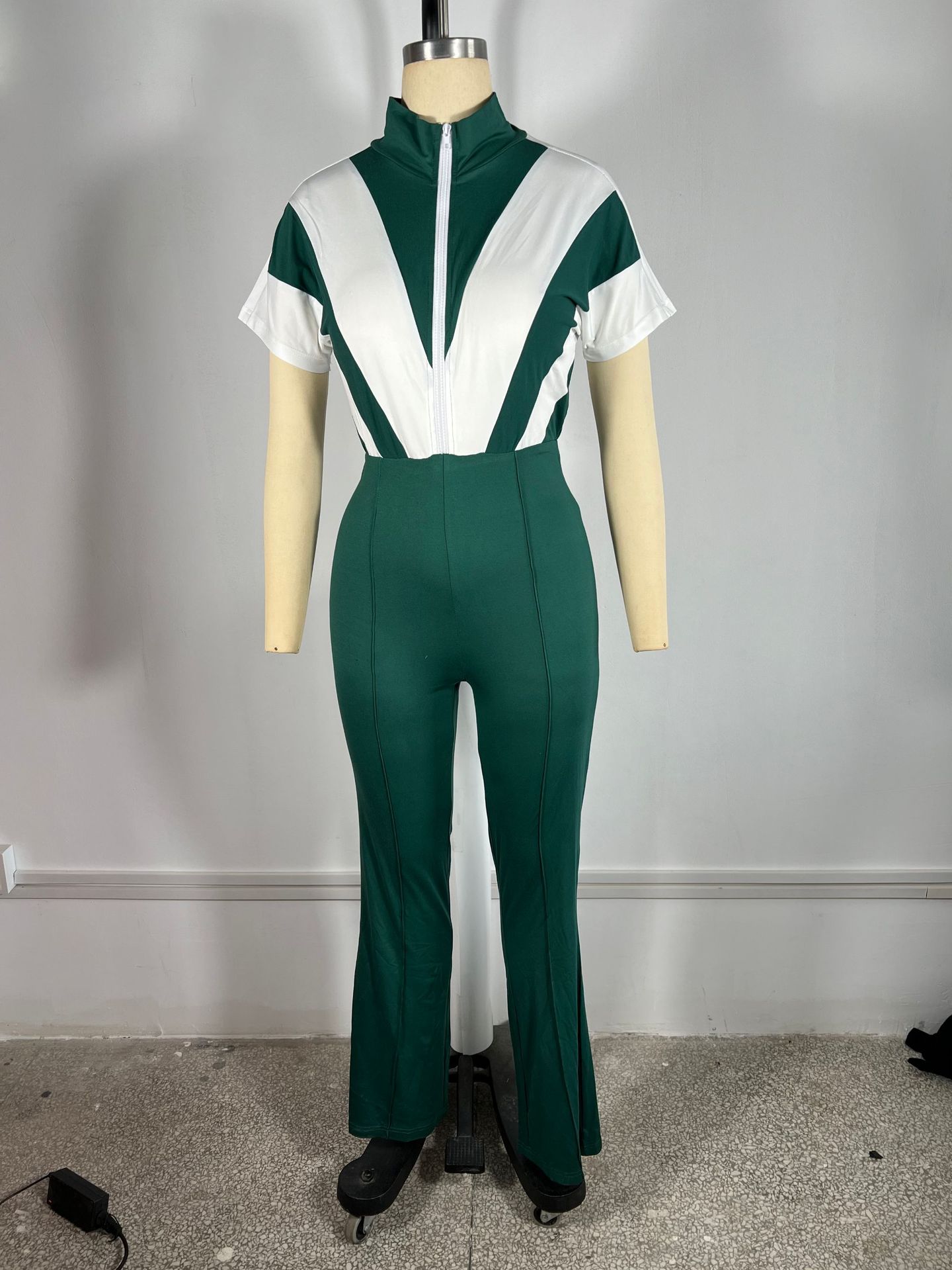 Women's turndown collar zipper patchwork bell bottom Jumpsuit