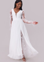 women's dress deep neck long sleeve wedding dress