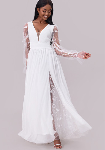 women's dress deep neck long sleeve wedding dress