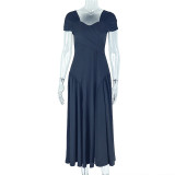 Elegant women's solid color pleated A-line V-neck short-sleeved low back long dress formal party dress