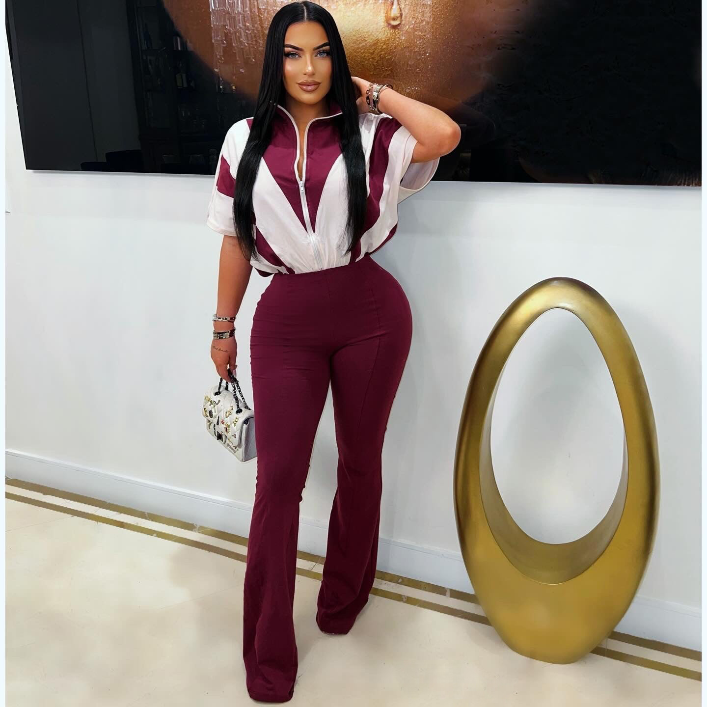 Women's turndown collar zipper patchwork bell bottom Jumpsuit