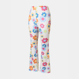 Flower print tight fitting bell bottom pants