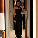 Solid color chic women's clothing low back strapless halter neck long dress formal party gown