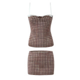 Cami Top and Low-Waist Bodycon Skirt Plaid Lace Patchwork Set