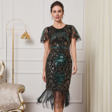 ball short-sleeved tassel dress cocktail party embroidered sequined mesh beaded dress