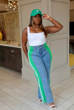 Summer fashion patchwork striped wide leg casual straight pants denim trousers