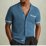 Sexy Hollow-Out Men’s Knitted Shirt Summer Turndown Collar Short Sleeve Polo Shirt