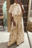 Summer Solid Color Sexy Hollow Knit Shirt and Wide-Leg Pant Set for Women
