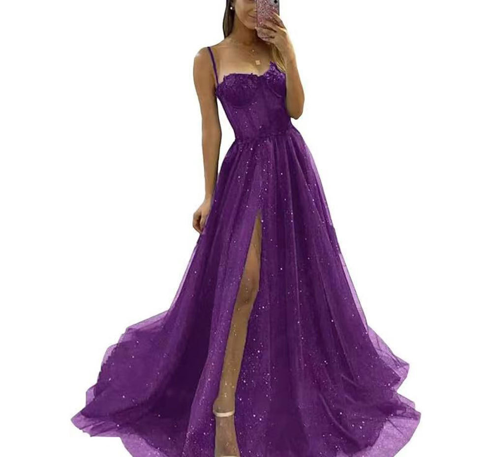 Spring and Fall Chic Slim Fit Formal Party Gown Straps Long Split Dress(Processing time need 3-6 days)