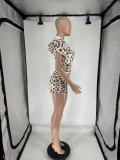 Leopard Print Zip-Up Hooded Tight-Fit Two Piece Shorts Set