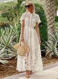 Spring/Summer Short Sleeve Single-Breasted Lace Floral Mid-Length Dress