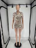 Leopard Print Zip-Up Hooded Tight-Fit Two Piece Shorts Set
