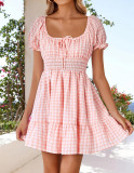 Plaid Square Neck Short Sleeves A-Line Dress