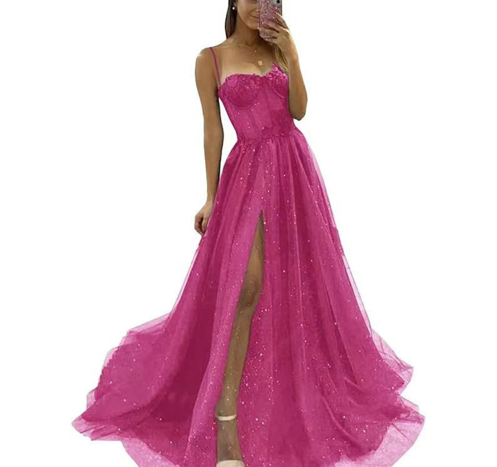 Spring and Fall Chic Slim Fit Formal Party Gown Straps Long Split Dress(Processing time need 3-6 days)