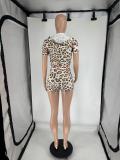 Leopard Print Zip-Up Hooded Tight-Fit Two Piece Shorts Set