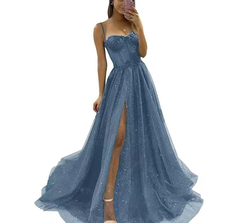 Spring and Fall Chic Slim Fit Formal Party Gown Straps Long Split Dress(Processing time need 3-6 days)