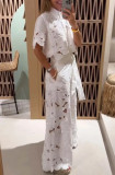 Summer Solid Color Sexy Hollow Knit Shirt and Wide-Leg Pant Set for Women