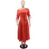 Slash-Shoulder Slim Waist Midi Casual Dress