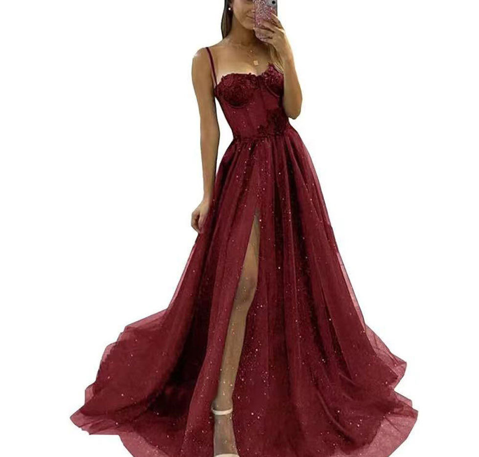 Spring and Fall Chic Slim Fit Formal Party Gown Straps Long Split Dress(Processing time need 3-6 days)