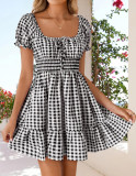 Plaid Square Neck Short Sleeves A-Line Dress