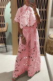 Summer Solid Color Sexy Hollow Knit Shirt and Wide-Leg Pant Set for Women