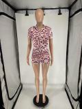 Leopard Print Zip-Up Hooded Tight-Fit Two Piece Shorts Set