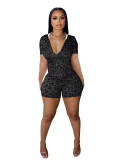 Leopard Print Zip-Up Hooded Tight-Fit Two Piece Shorts Set