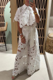 Summer Solid Color Sexy Hollow Knit Shirt and Wide-Leg Pant Set for Women