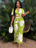 Women Tropical Print Pleated Butterfly Sleeve Top and Lace-up Wide-leg Pants Two-piece Set