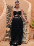Women Sexy See-Through Meshlace Wrap-up Long Dress