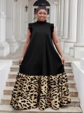 Plus Size Women summer ruffled Round Neck leopard print Patchwork dress