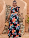 Plus Size Women Women Casual Ruffle Sleeve Printed Top and Long Skirt Two-piece Set